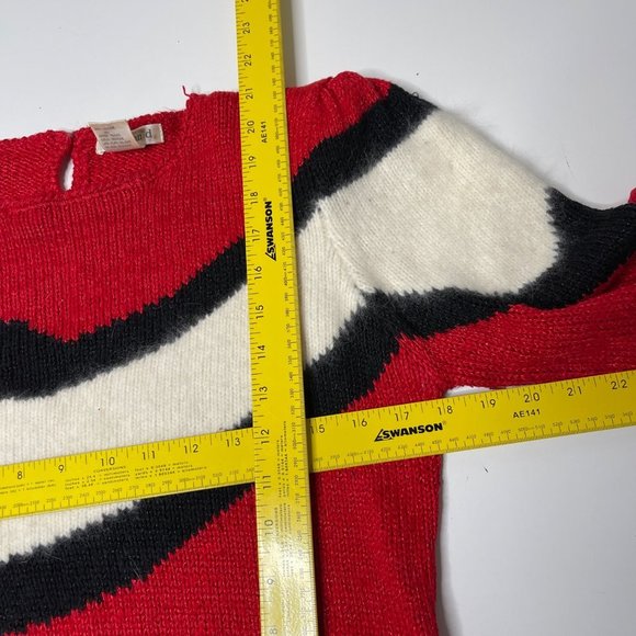 Vintage 80s Red White Black Fuzzy Sweater Medium Long Sleeve - Picture 4 of 8